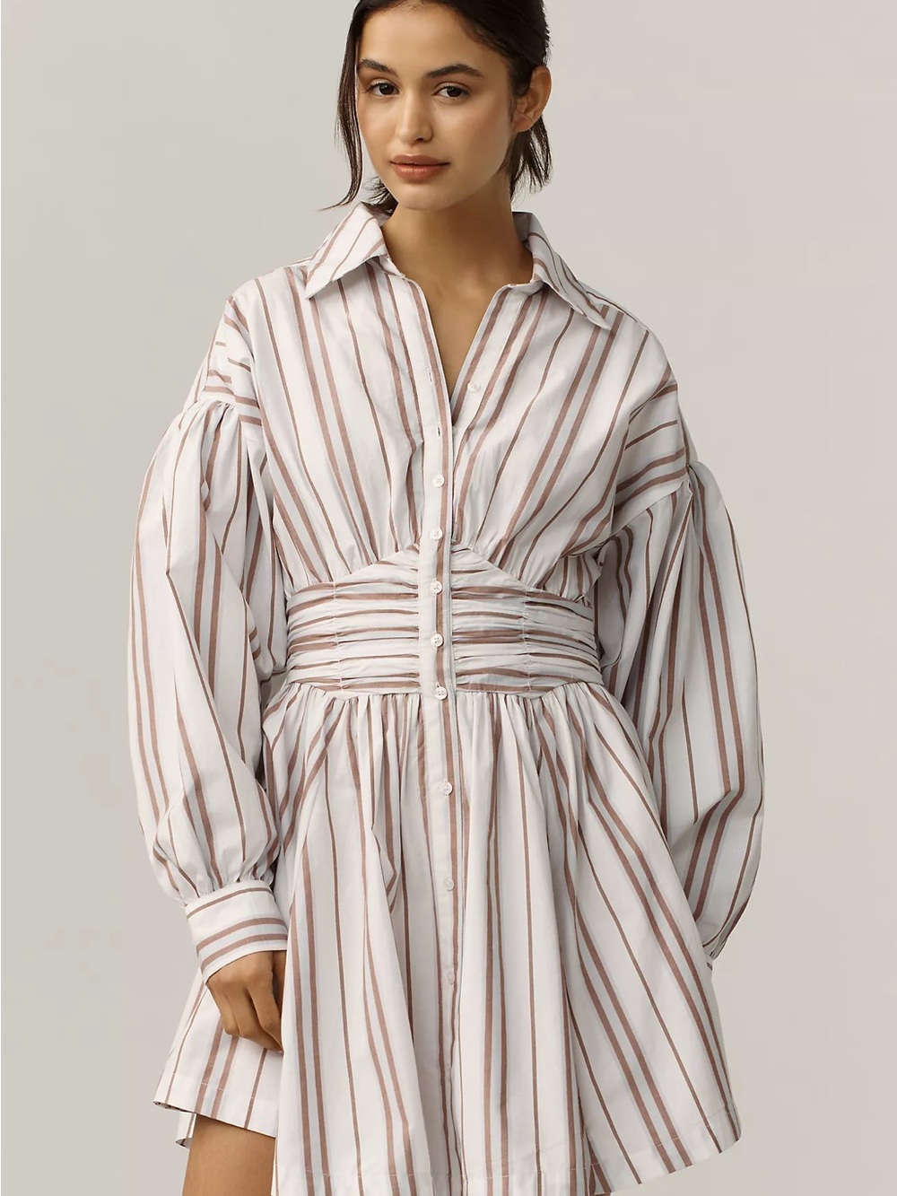 Anthropologie White and Brown Striped Button-Front Waist-Detail Dress Size Large - Picture 6 of 6